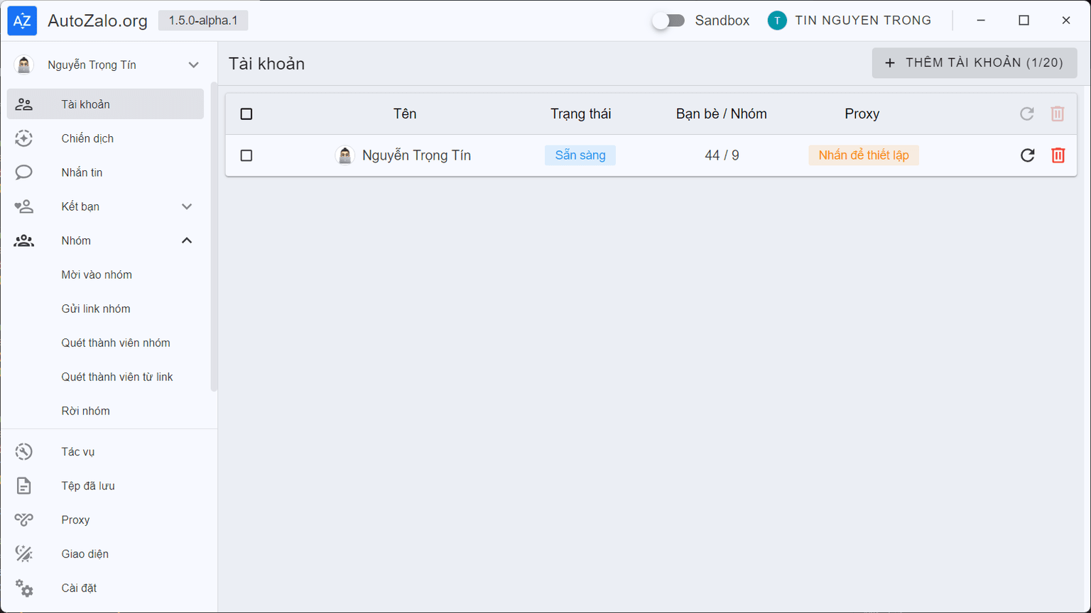 Giao diện chính phần mềm AutoZalo